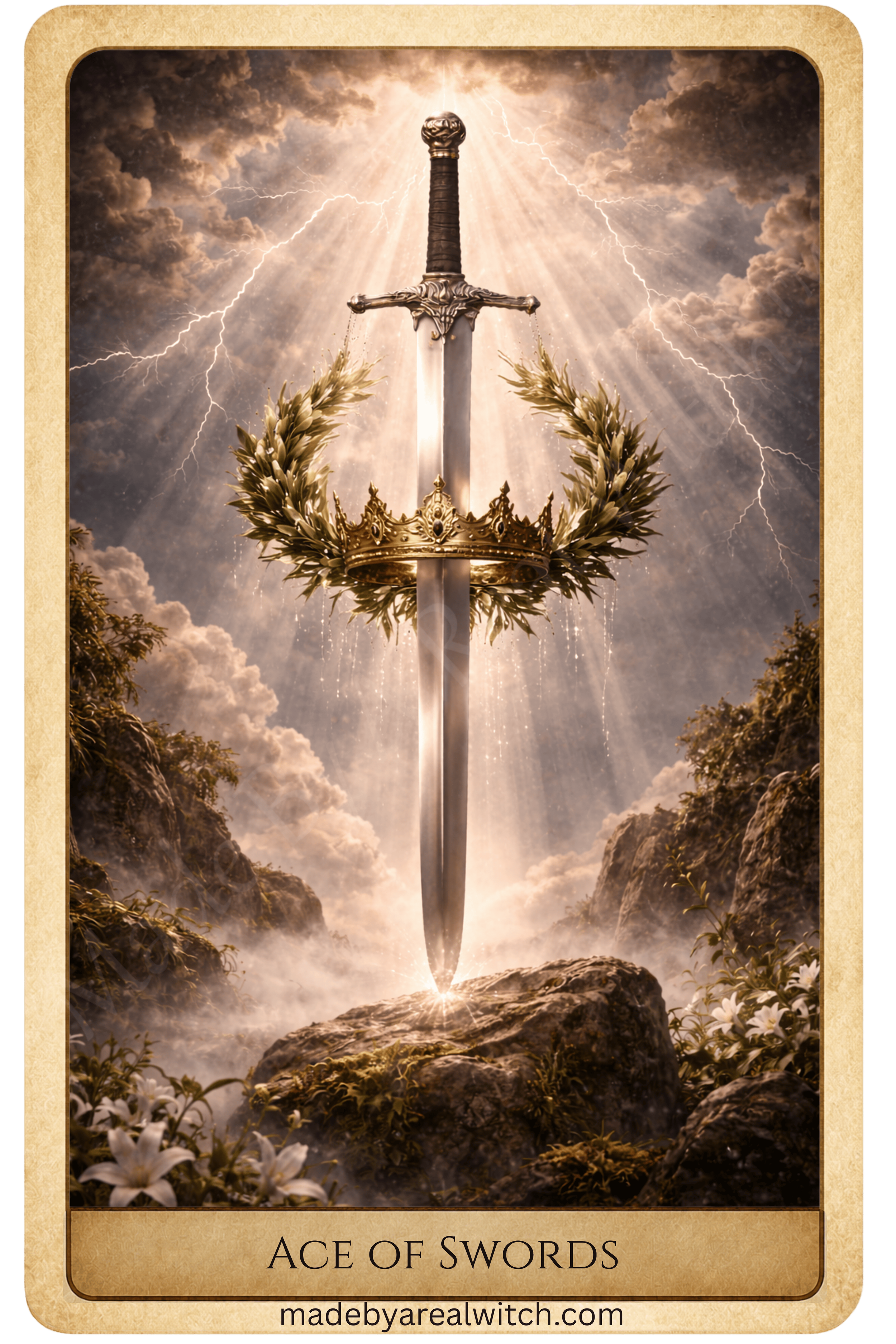 Stunning sword surrounded by a gold crown and laurel wreath pierces a large rock during a lightning storm