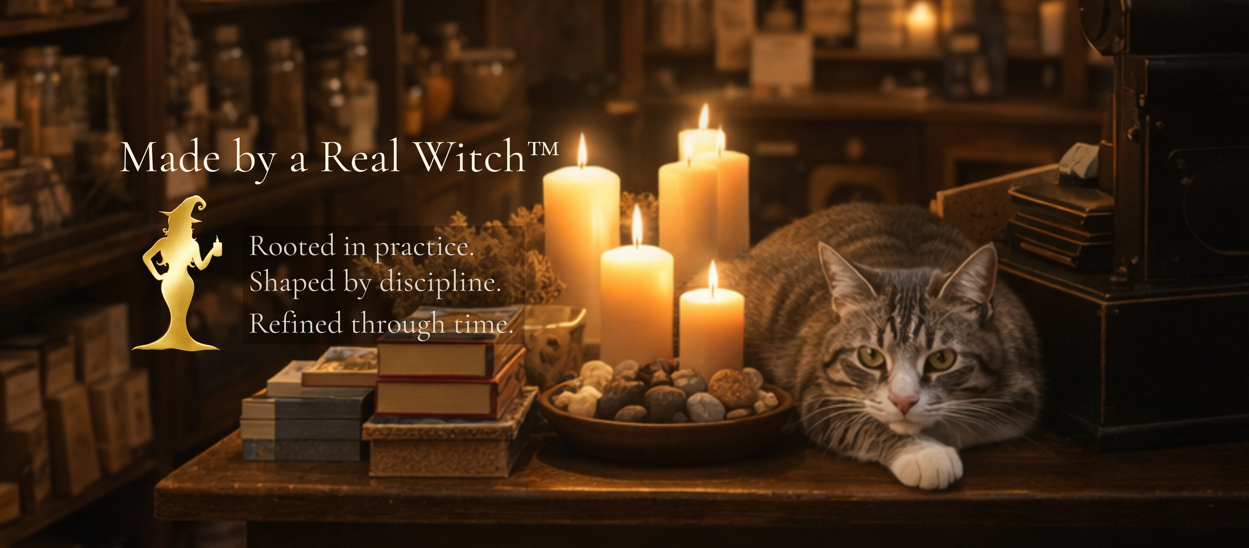 A warm, candlelit apothecary-style space with shelves of carefully kept bottles and a cat resting on a wooden counter beside softly glowing candles.