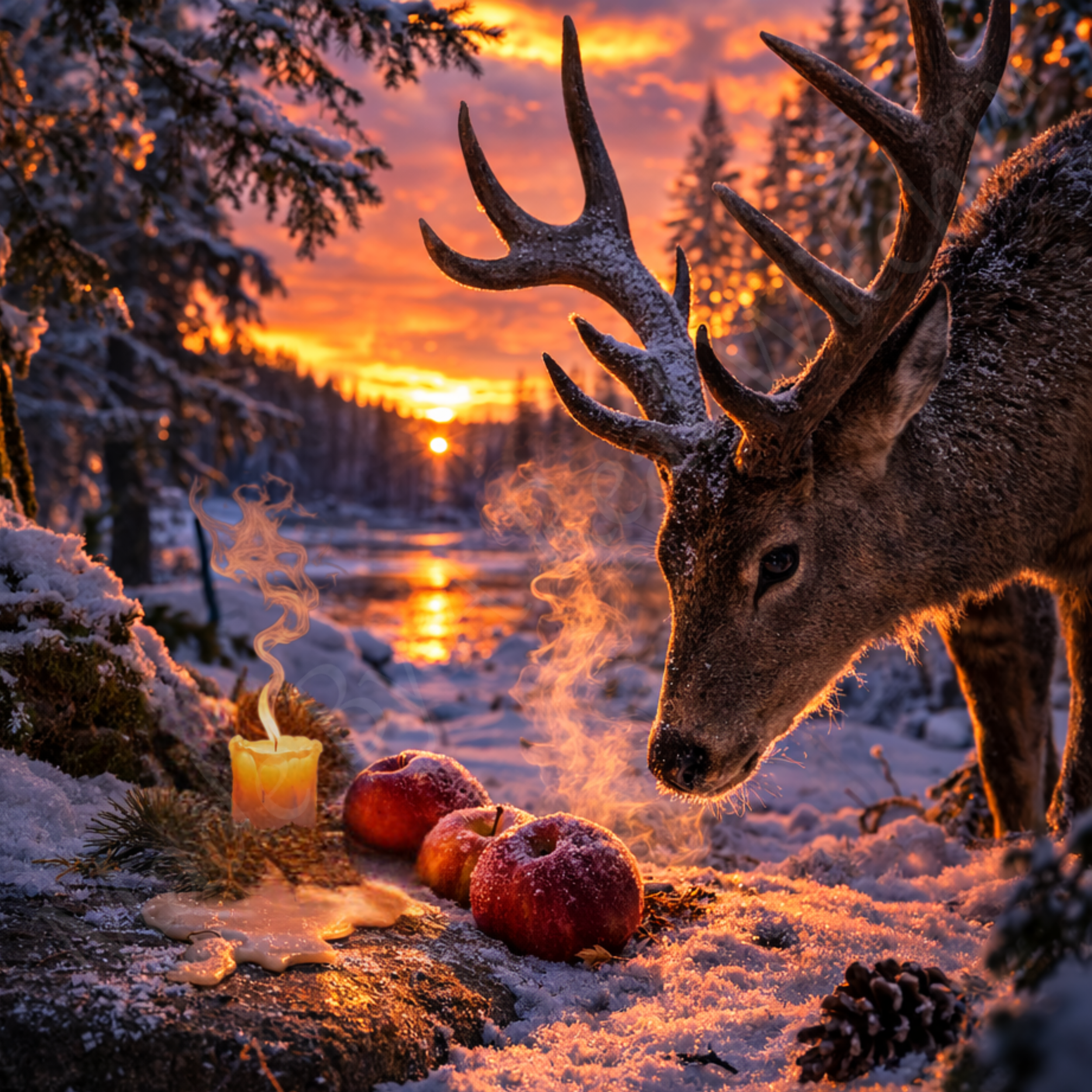 Spell casting ritual with candle and offerings in a snowy forest at sunset, representing intentional high magick work