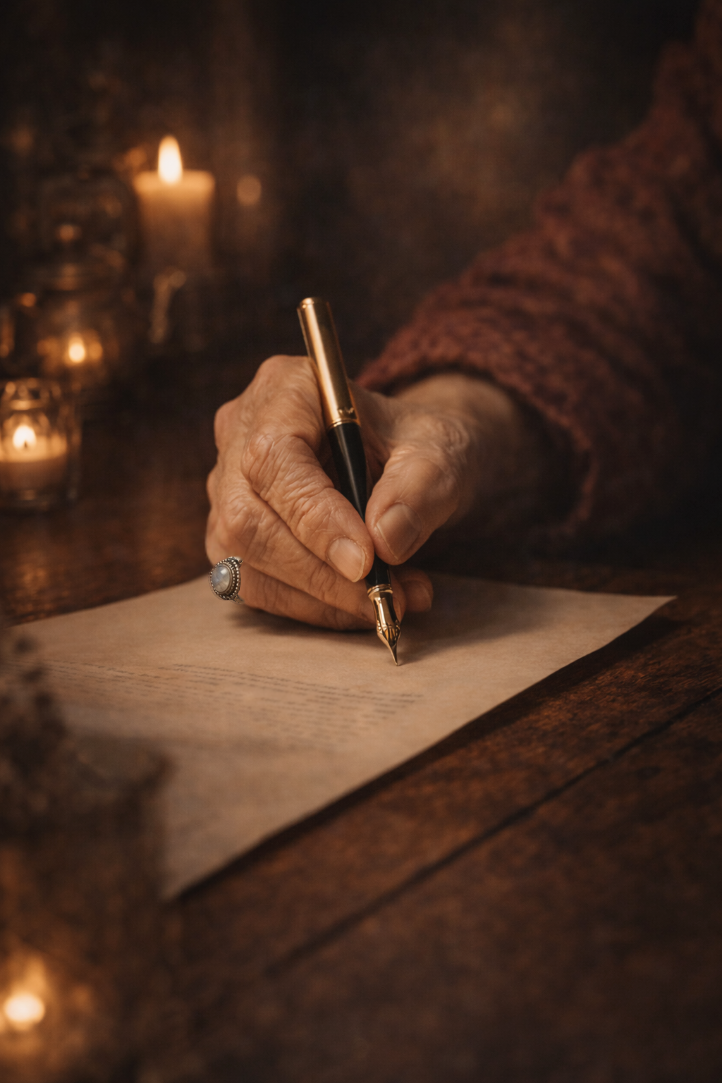 Close-up of an elderly woman writing a numerology report by candlelight with a gold pen on parchment.