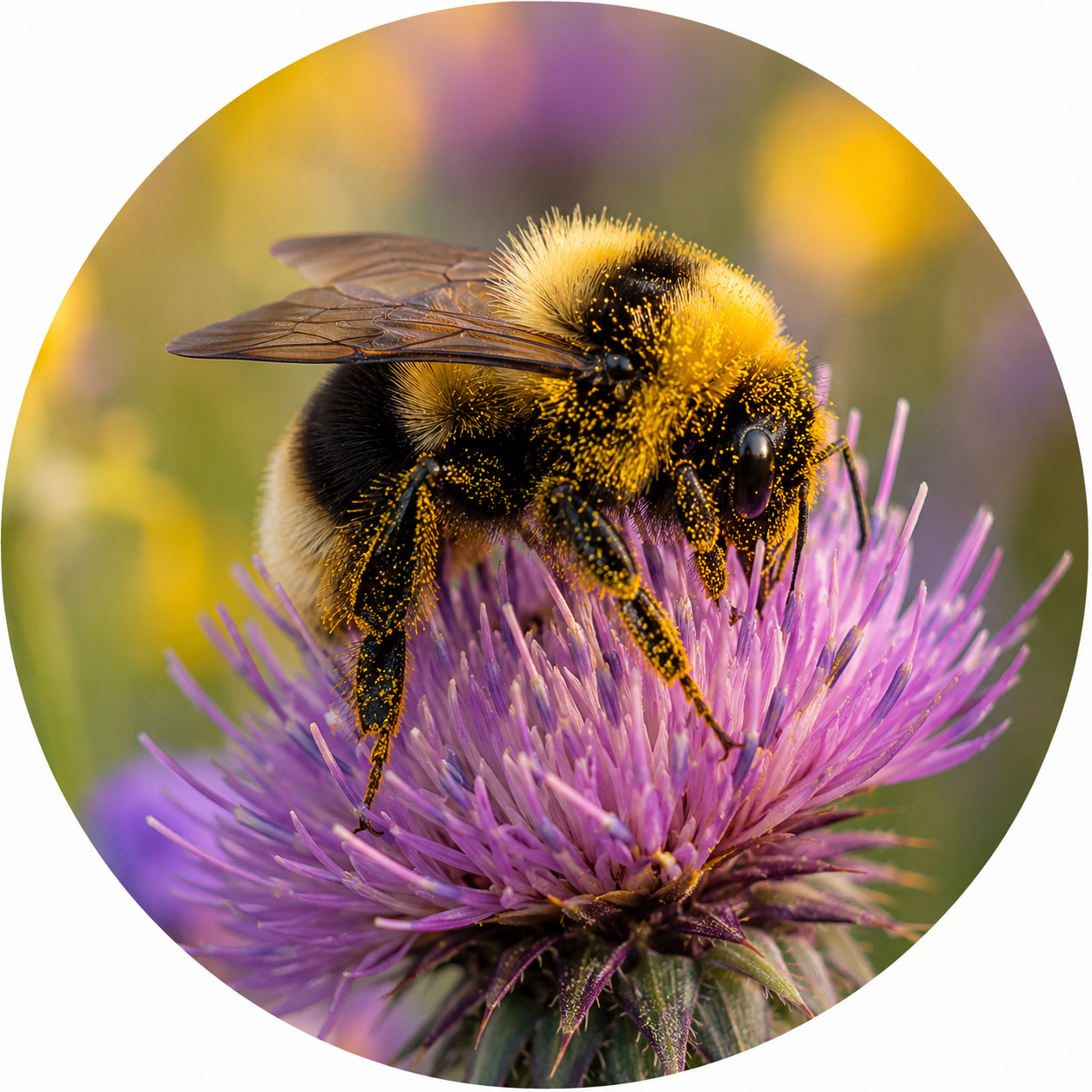 A pollen-covered bumblebee gathering nectar from a colorful summer wildflower, representing Small Life in the Whispers of the Wild series created by Made by a Real Witch™..