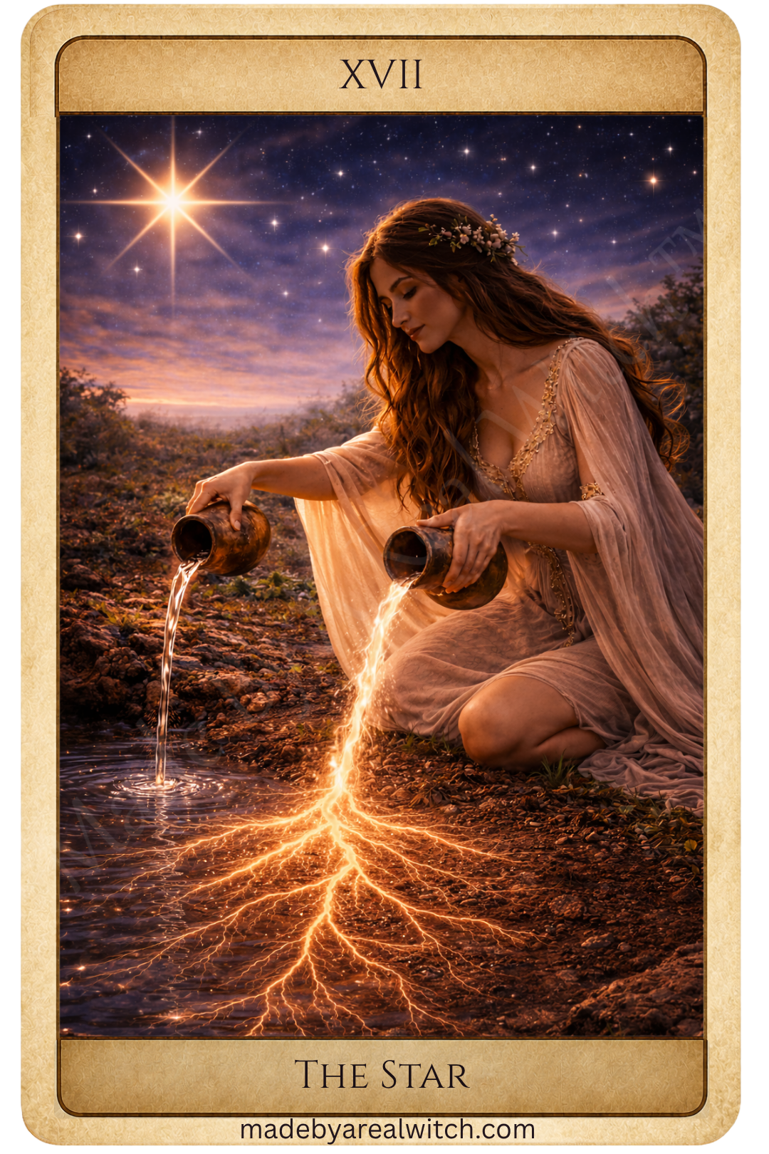 A beautiful woman beneath a star filled sky pours water from two jugs, one onto dry land the other into a pond.