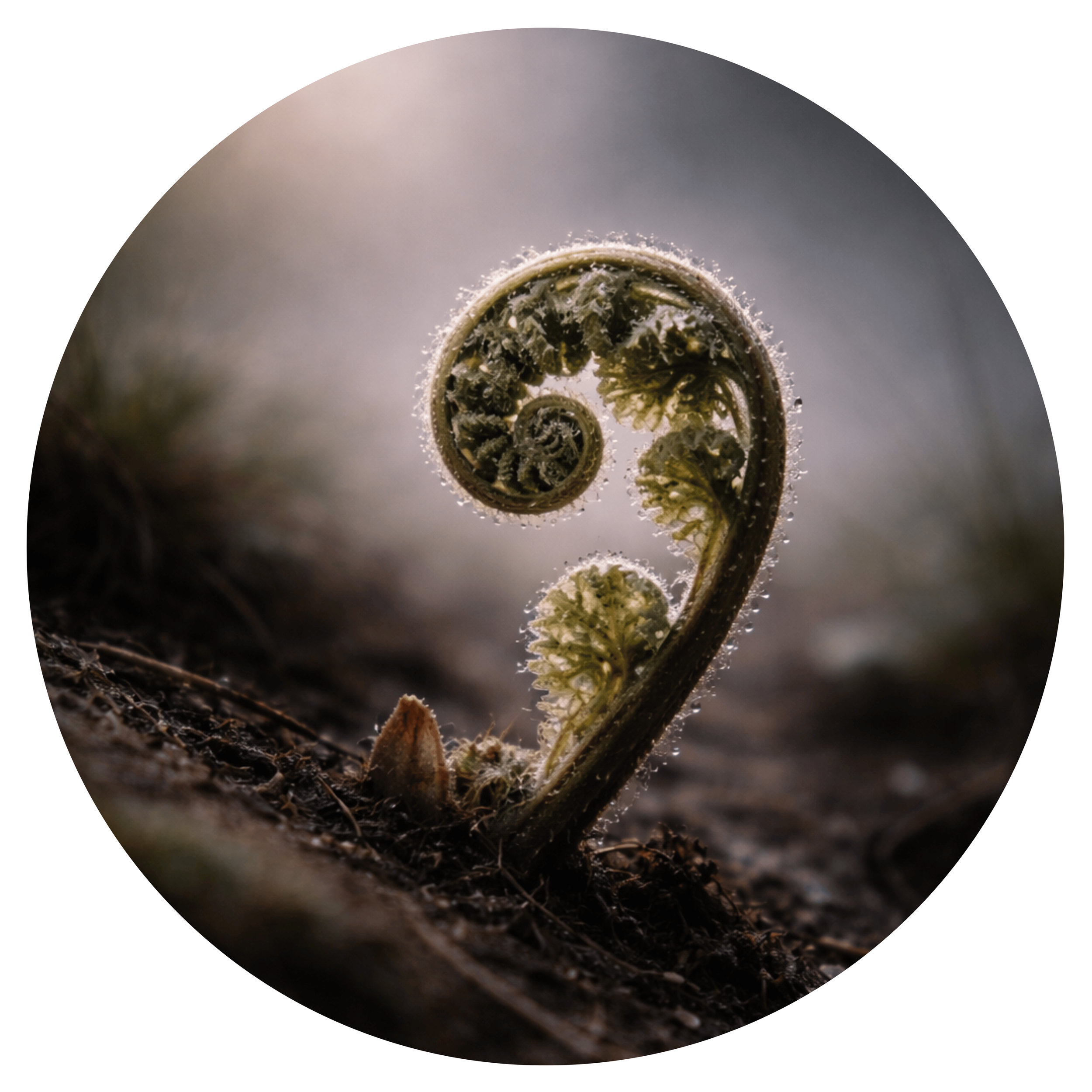 A young fern in a tight spiral beginning to unfurl from the forest floor, surrounded by soft earth and blurred woodland textures.