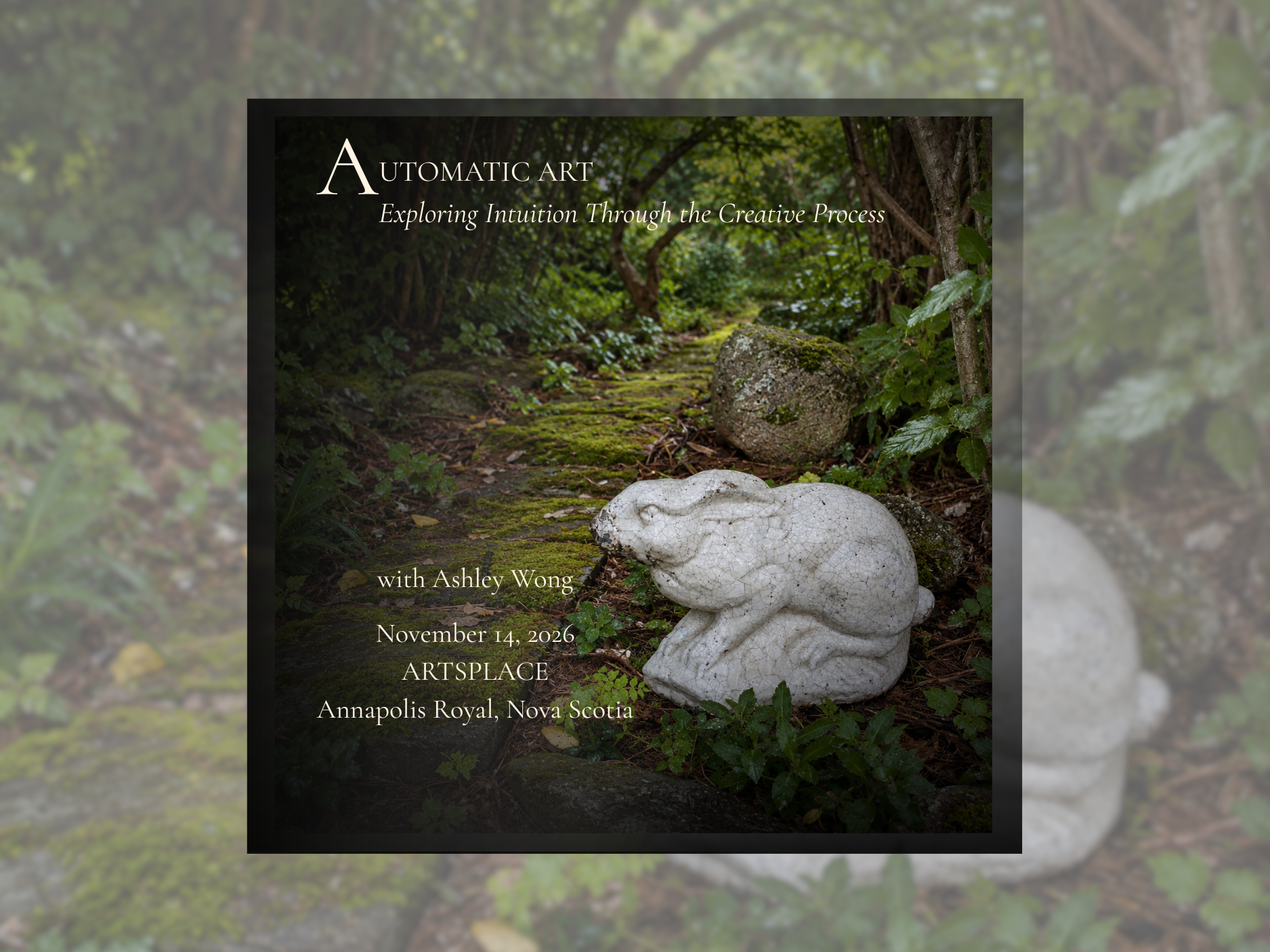 Weathered statue of white rabbit rests beside a moss covered pathway leading into the forest - beckoning for people to follow.