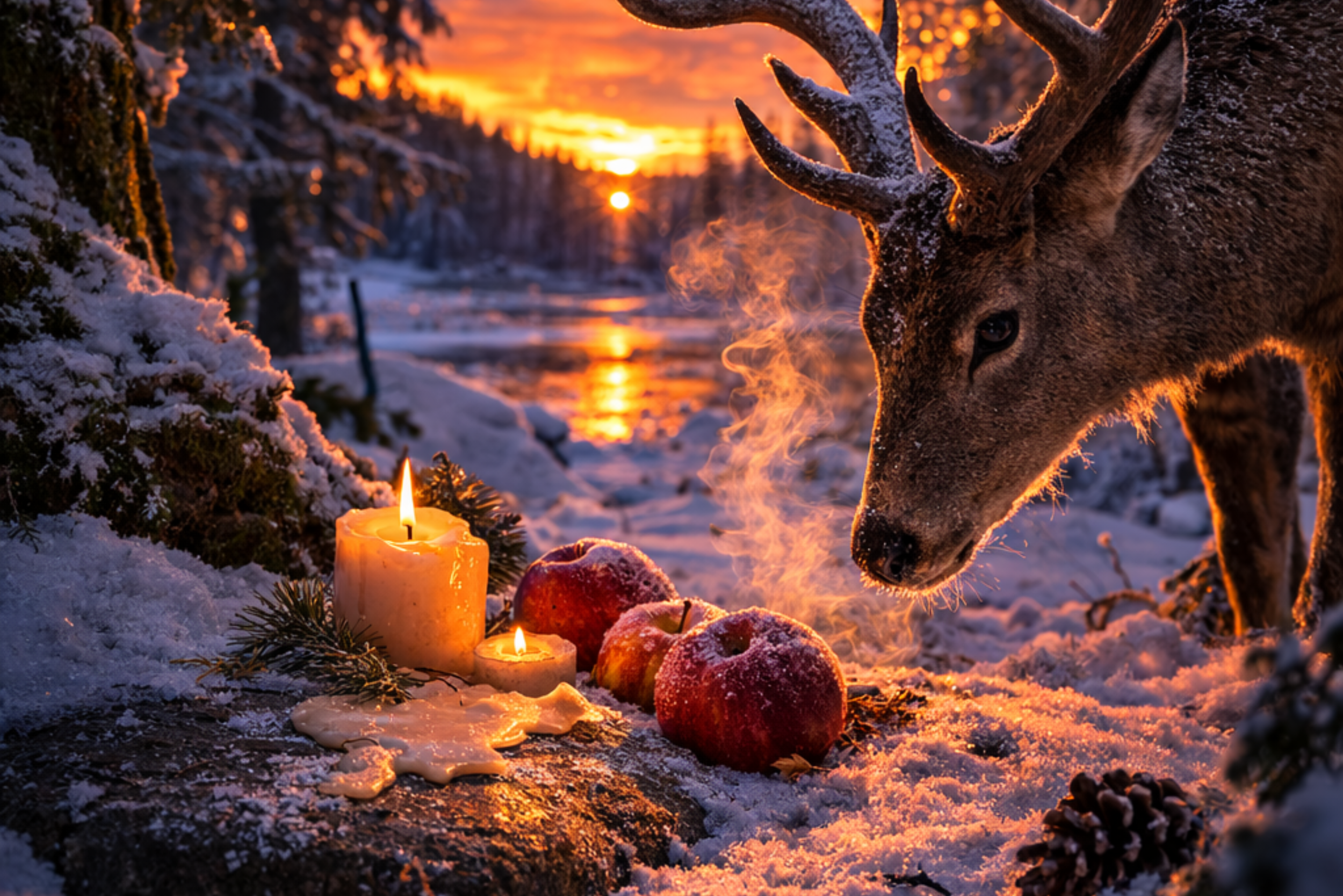 Spell casting ritual with candle and offerings in a snowy forest at sunset, representing intentional high magick work