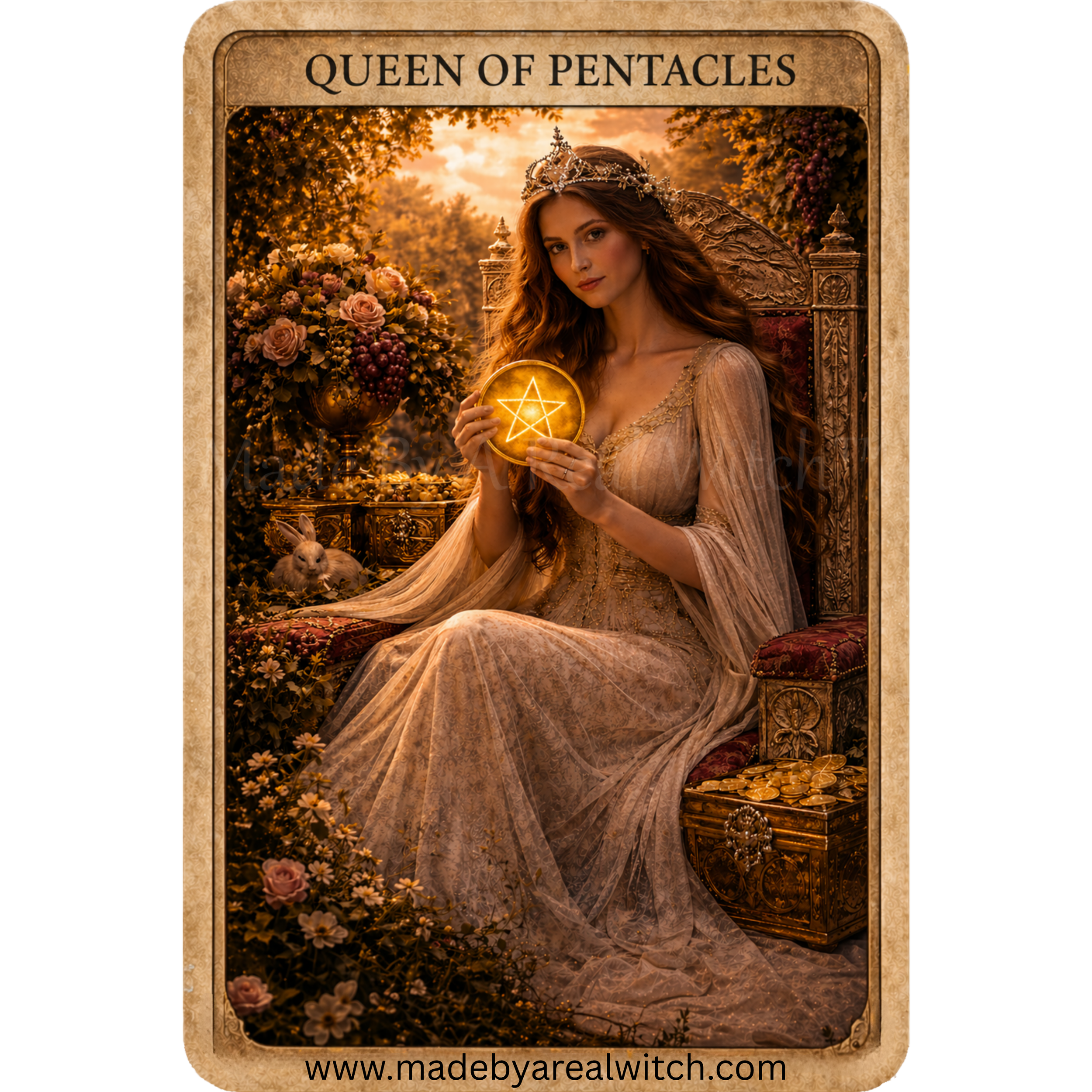 Beautiful Queen holding golden pentacle sits on regal throne in abundant and lush garden