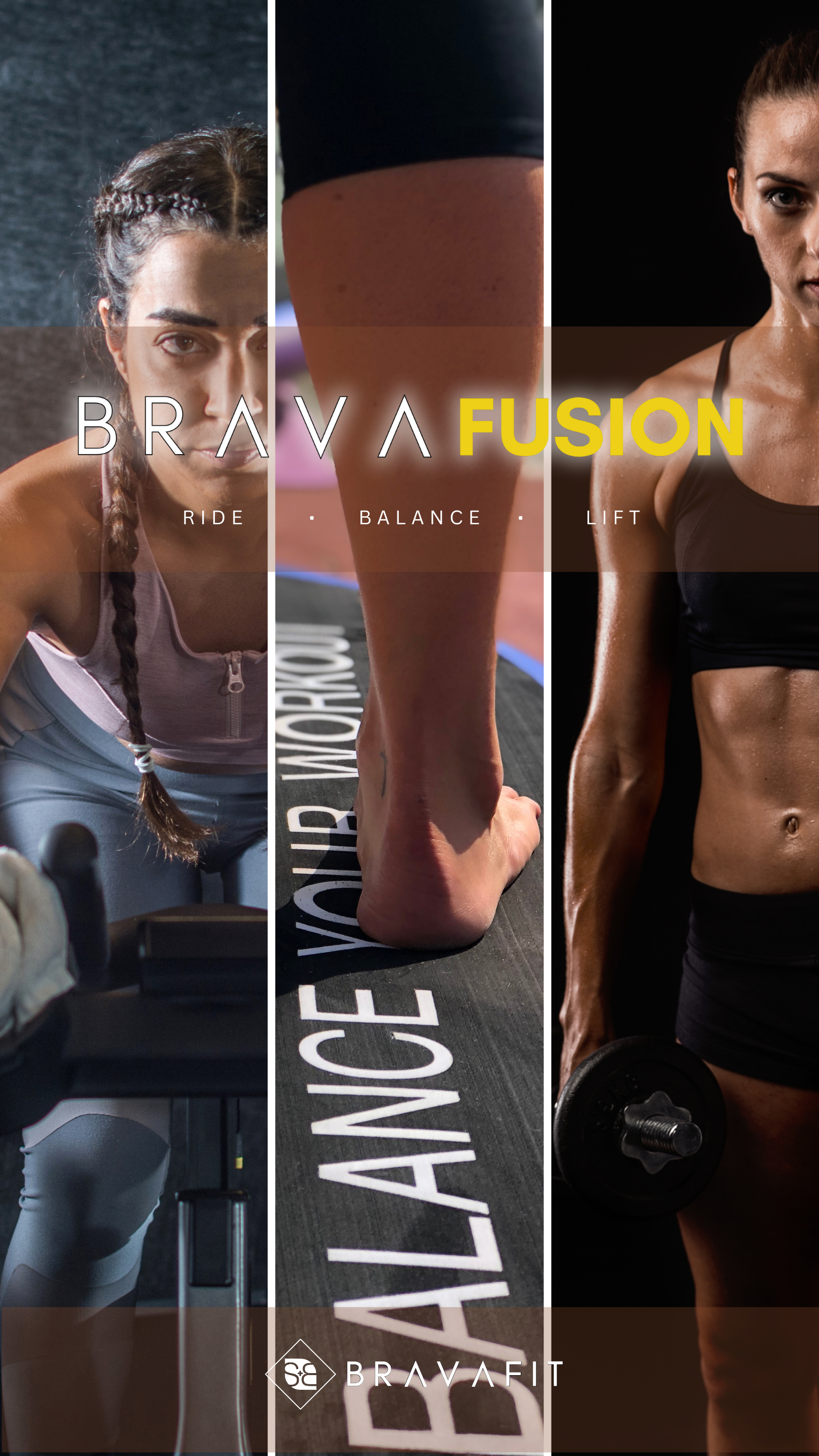 a mix of pictures representing the class called BRAVAFUSION with a young woman on an indoor bike, a young woman holding dumbbells and someone barefoot on a balance board called B-BOARD®