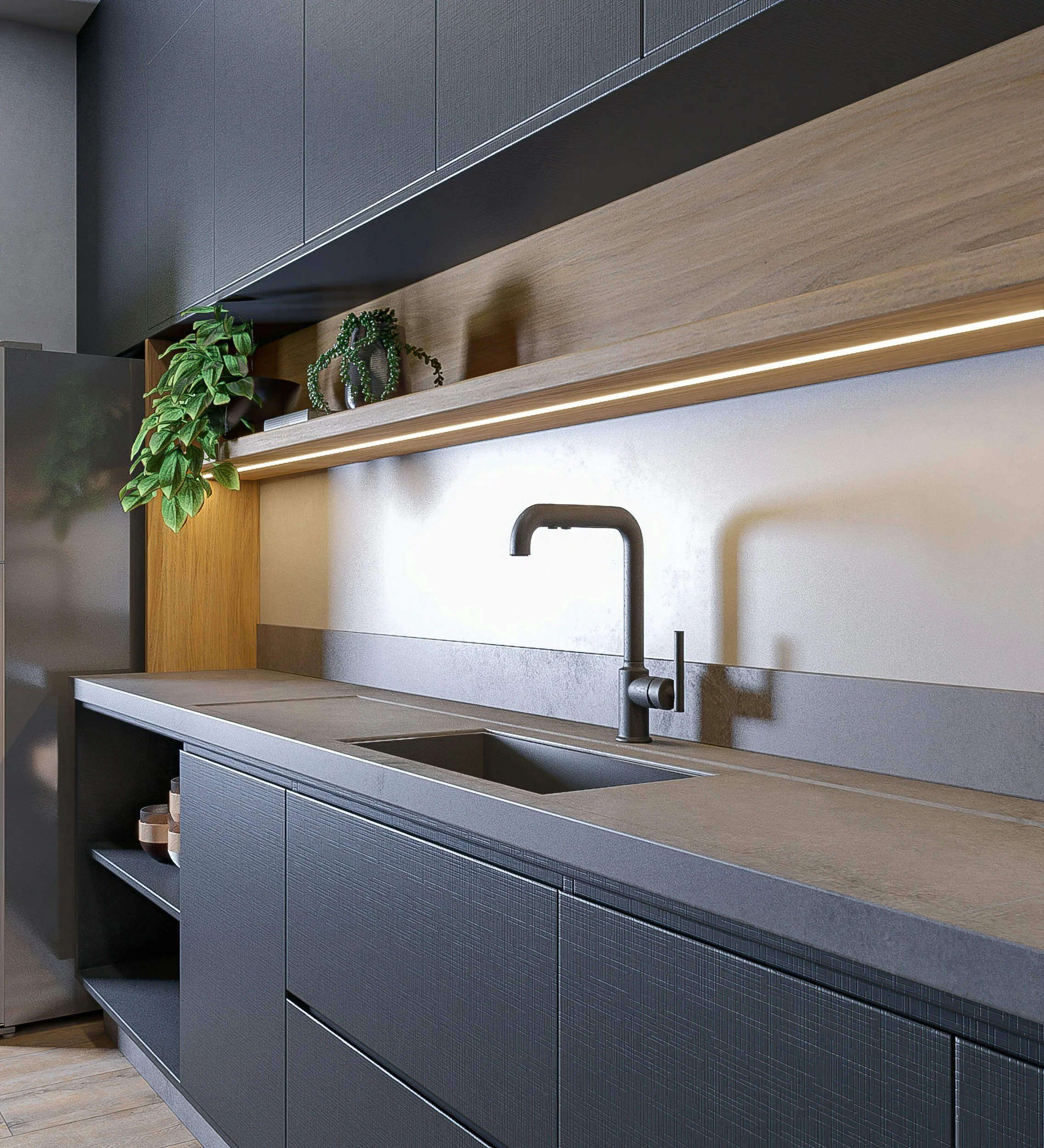 kitchen trend 2026, black mat kitchen with timber features, white cplashback, green plants. minimalistic kitchen, clean lines