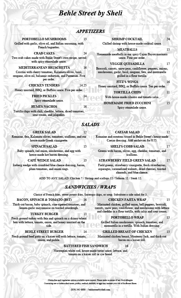 Behe Street by Sheli restaurant menu featuring appetizers, salads, sandwiches, and wraps with prices and descriptions.