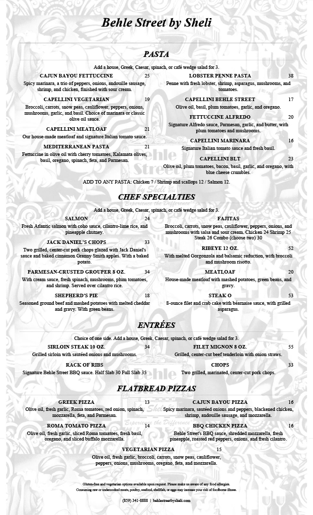 Behle Street by Sheli restaurant menu featuring pasta, chef specialties, entrées, and flatbread pizzas.