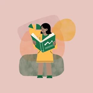 Woman reading a book with a chart illustration
