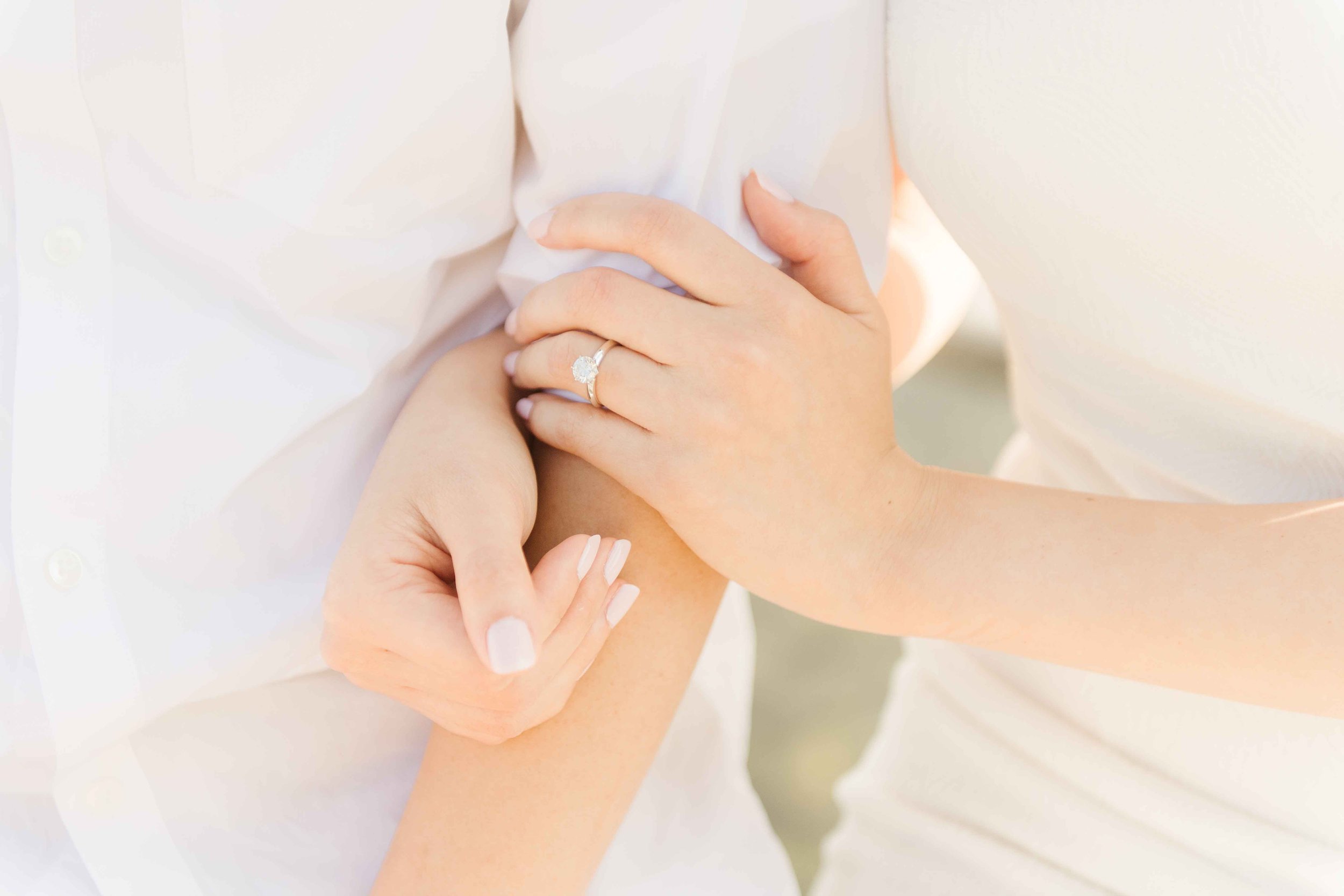 Two women, one with a ring on her finger, embracing each other, with one touching the other's arm.