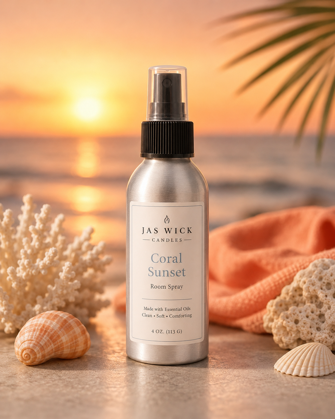 A small silver spray bottle labeled 'Coral Sunset Room Spray' placed on sandy ground with a blurred beach and sunset in the background.