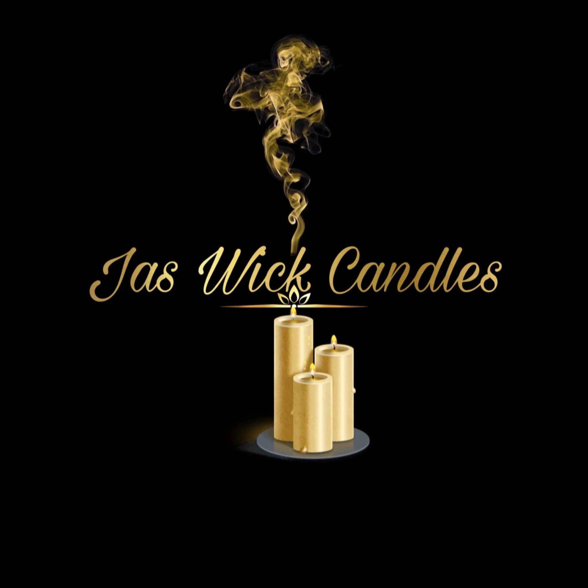 Golden candles with smoke rising above them, with the phrase 'Jas Wick Candles' written in gold script.