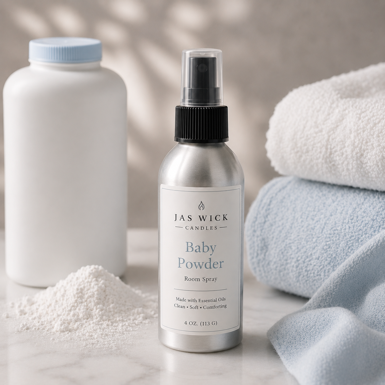 A spray bottle labeled Baby Powder Room Spray, with pink flower petals in the background.