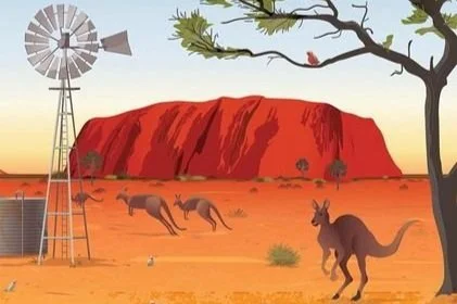 Illustration of Australian outback with kangaroos, windmill, and Ayers Rock under blue sky
