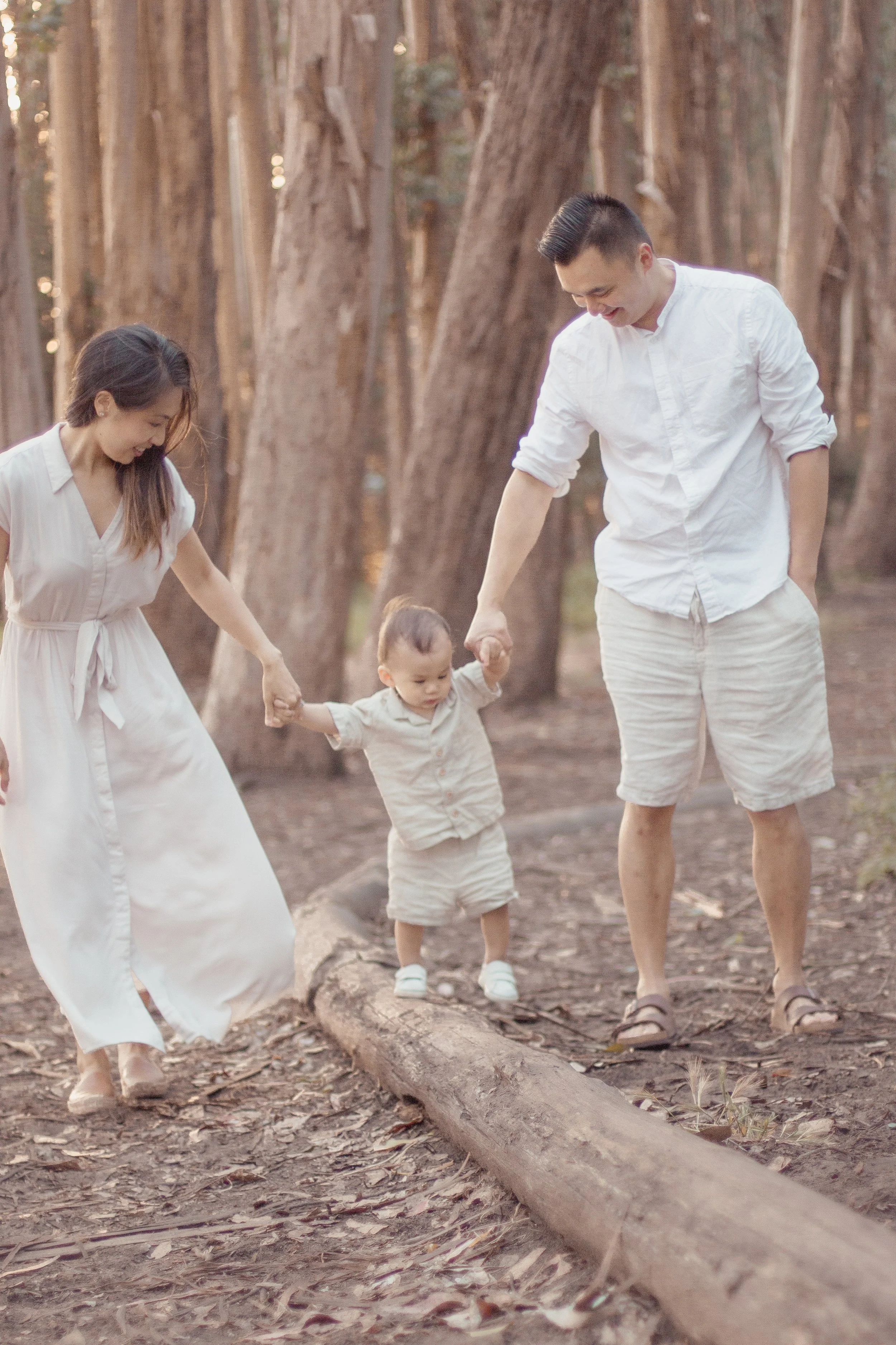 A family of three, a woman, a man, and a young child, are walking on a forest trail holding hands, surrounded by tall trees in a natural outdoor setting.