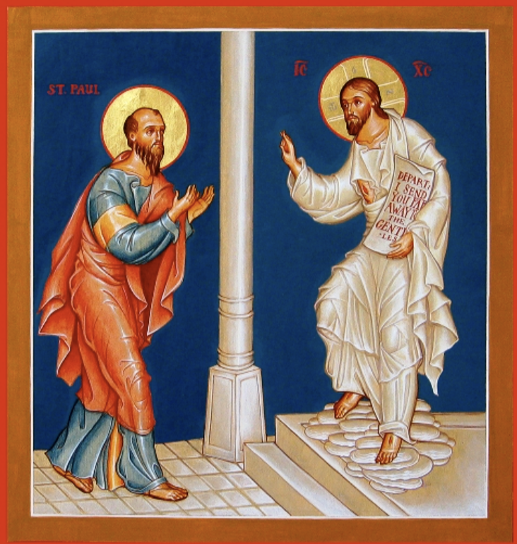 Religious icon depicting Jesus Christ ascending to heaven, with Saint Paul witnessing, against a dark blue background. Jesus has a halo, is on a cloud on a platform, wearing white robes, and holds a scroll. Saint Paul has a halo, is dressed in colorful robes, and gestures towards Jesus.