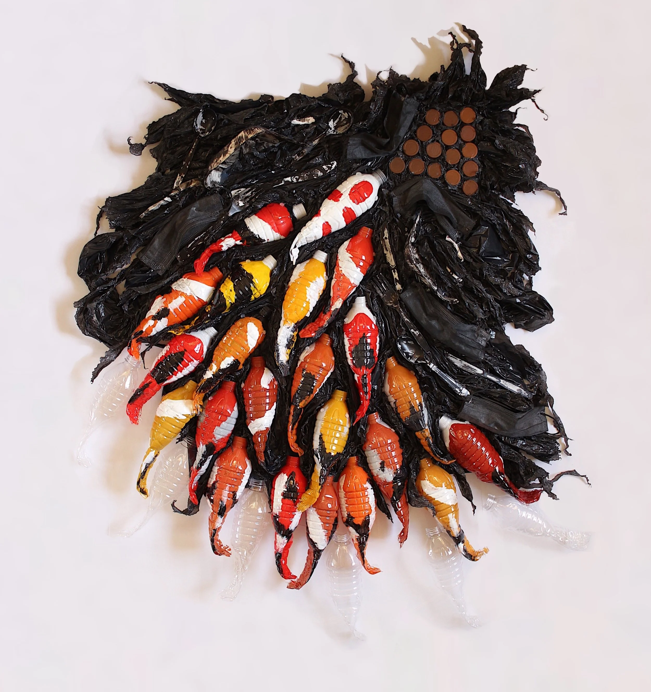 "Feeding Koi Fishes" (2021), Acrylic and Found plastic materials glued on a wood panel, 40" x 34".