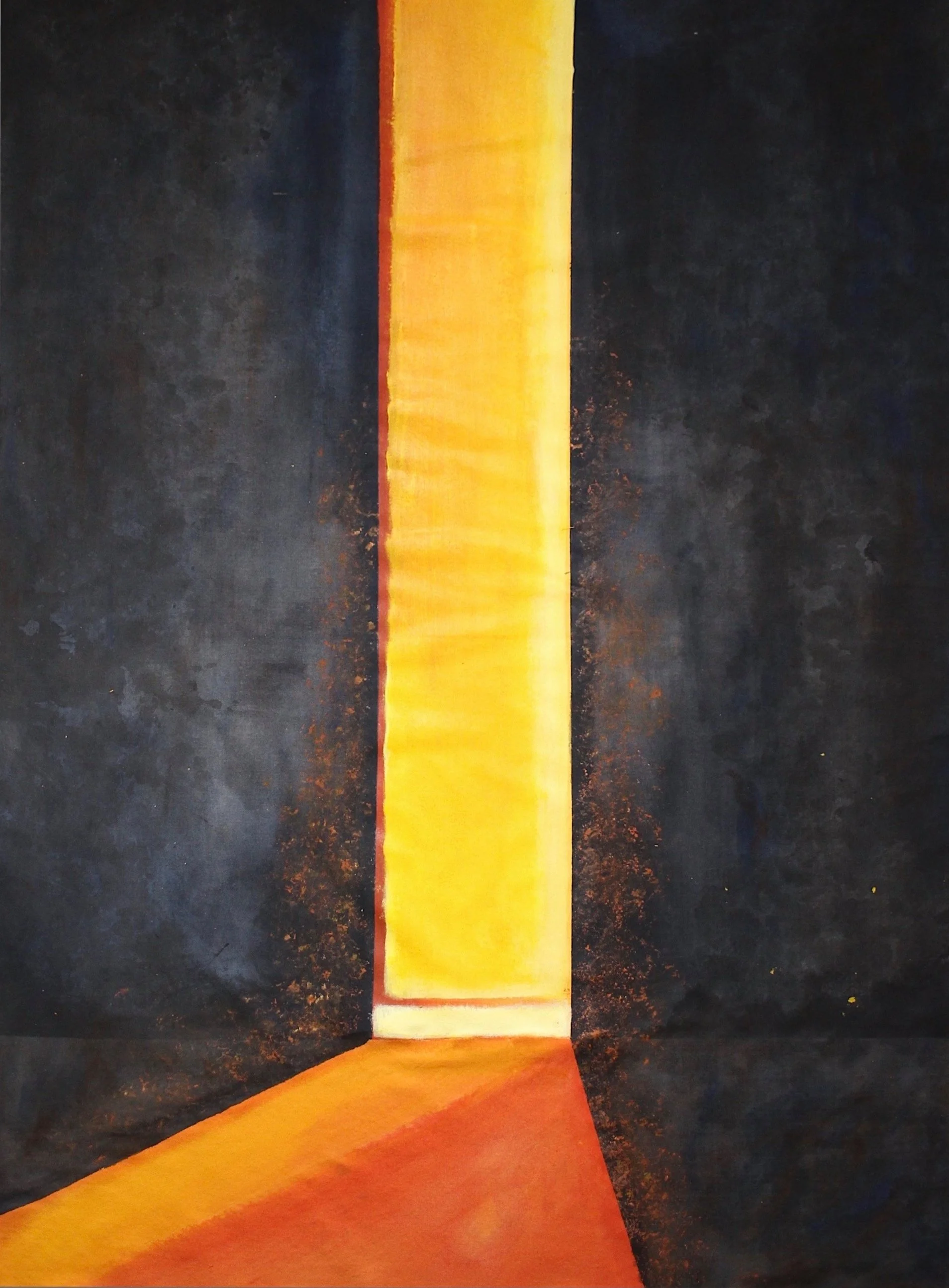"Into the Inferno" (2021), Acrylic on unprimed canvas, 43" x 64 1/2".