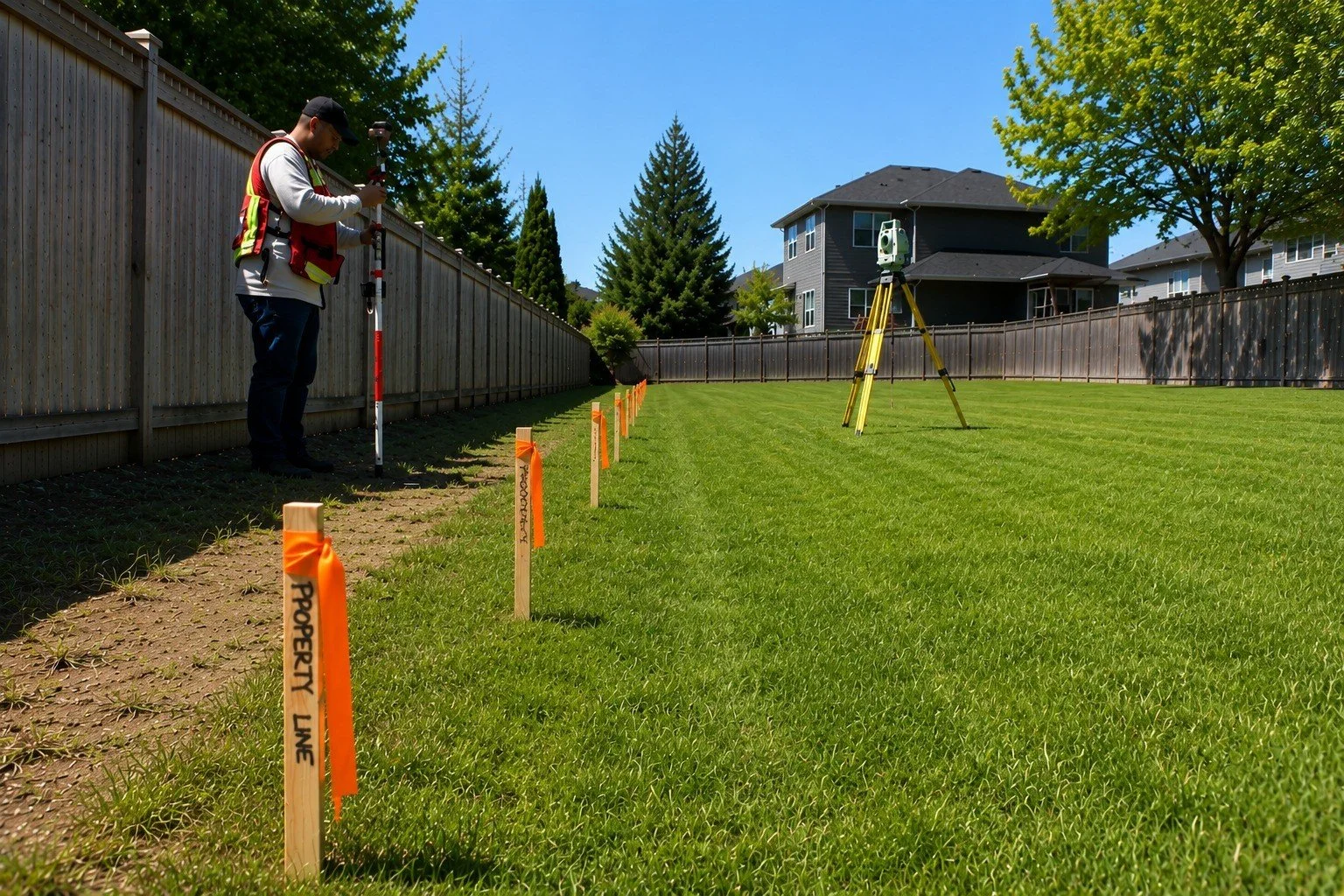 A surveyor setting stakes on a grassy lawn, with surveying equipment and a level tripod, in a residential backyard under a clear blue sky.