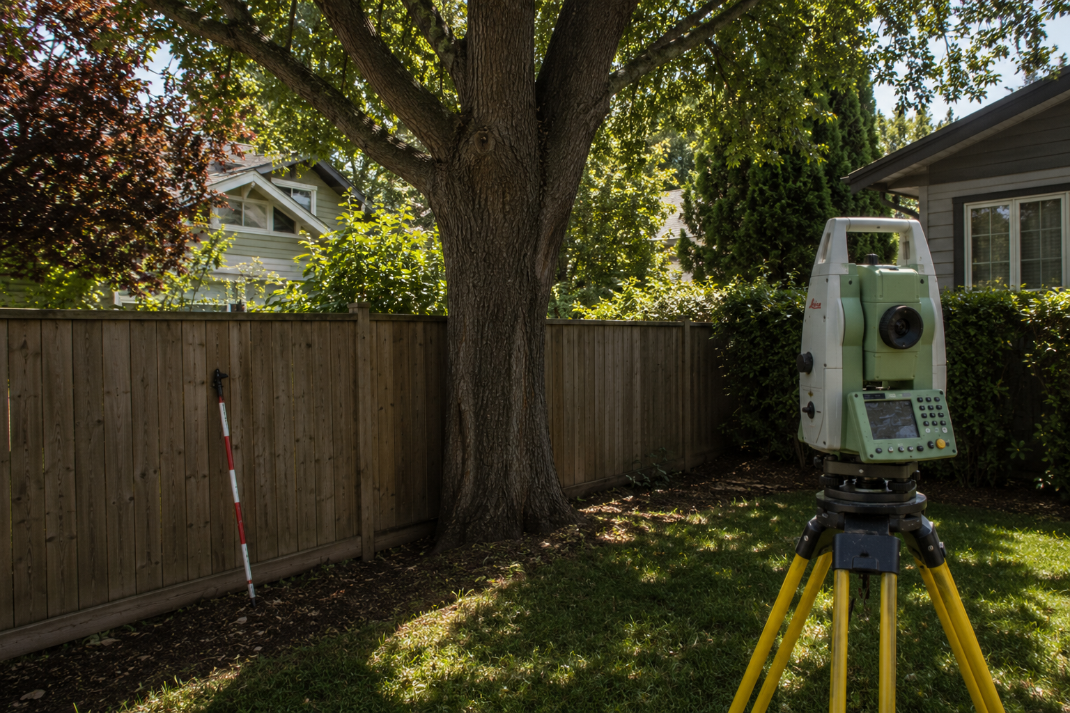 Surveyor measuring the location of a tree that may be on the neighbors property