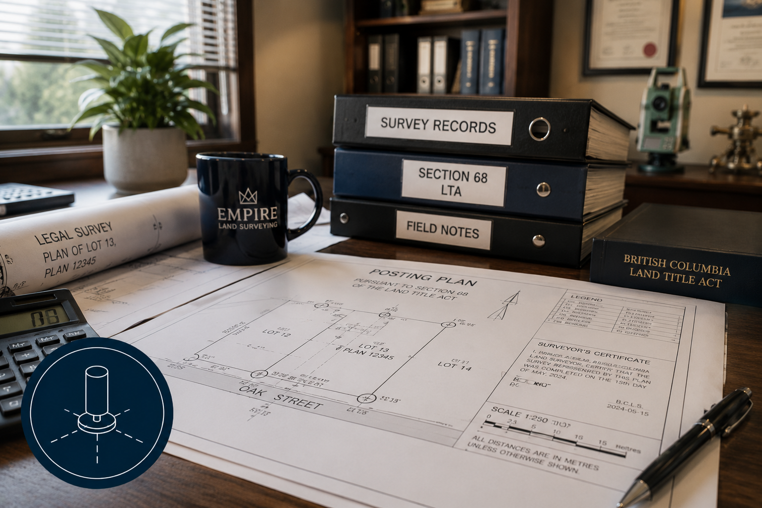 An icon of a legal survey certificate, representing the official documentation that certifies the accuracy and compliance of a land survey.
