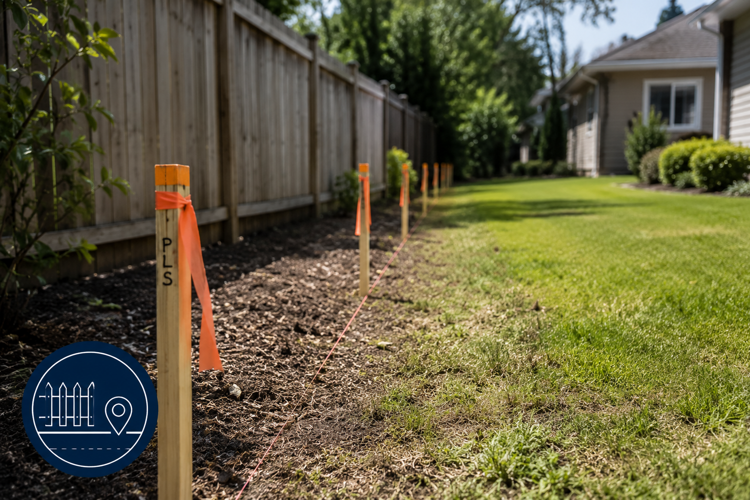 An illustration of a property line survey displaying the surveyed boundaries, markers, and relevant measurements for defining the property's limits.