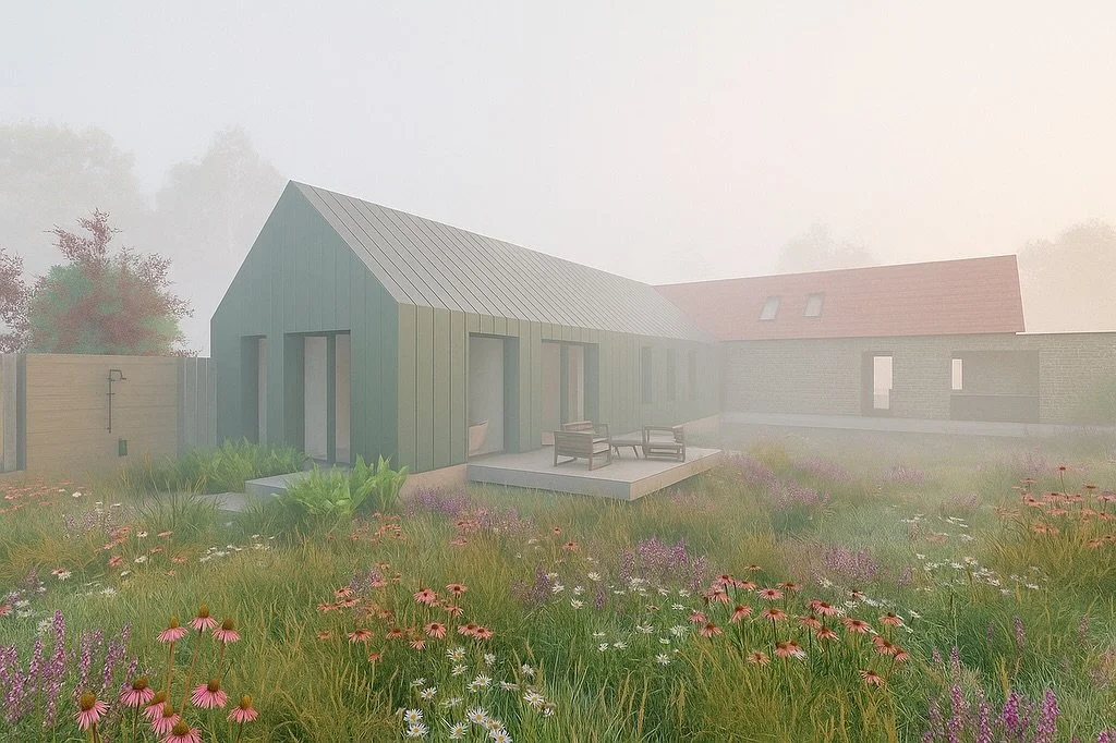 Rhyne House

Concept Designs for a single storey new home responding to the marshland rhythm of rhynes or drainage canals defining  the North Somerset levels. 

The plan layout consists of two perpendicular volumes arranged in a T-shape to create thr