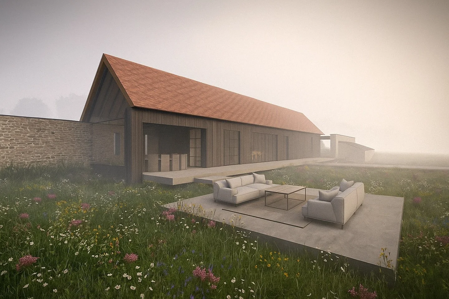 Rhyne House 2/2

Concept Designs for a single storey new home responding to the marshland rhythm of rhynes or drainage canals defining  the North Somerset levels. 

The plan layout consists of two perpendicular volumes arranged in a T-shape to create
