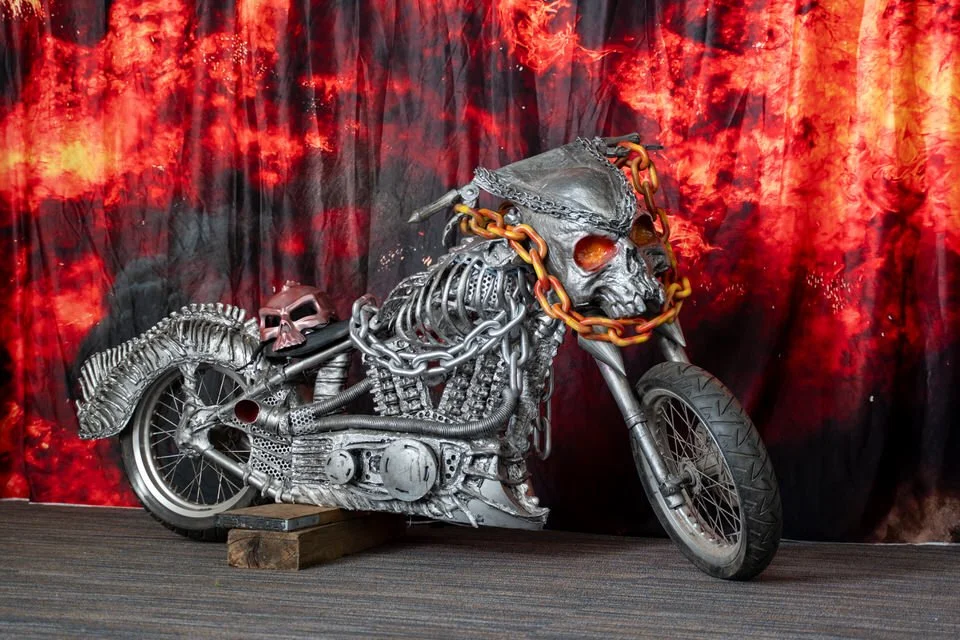 Ghost Rider motorcycle display against a fiery backdrop