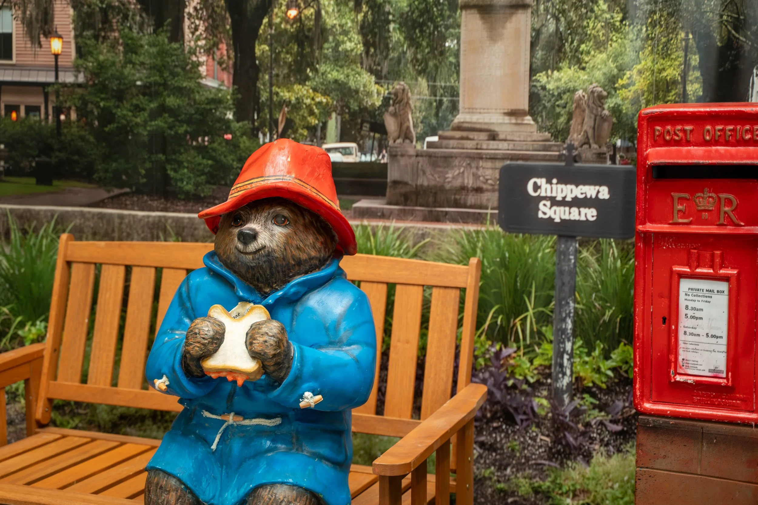 Paddington Bear display beside a London-style post box