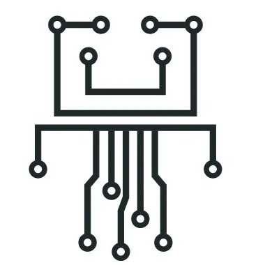 A black circuit diagram of an electronic component with interconnected nodes and lines.