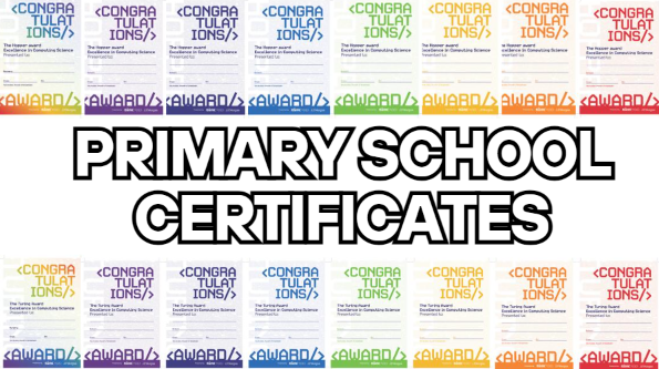 A collection of primary school certificates with congratulatory messages in colorful borders.