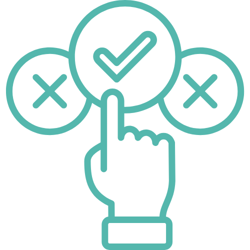 A hand clicking a button with a check mark, connected to two circles with X marks, indicating decision options.