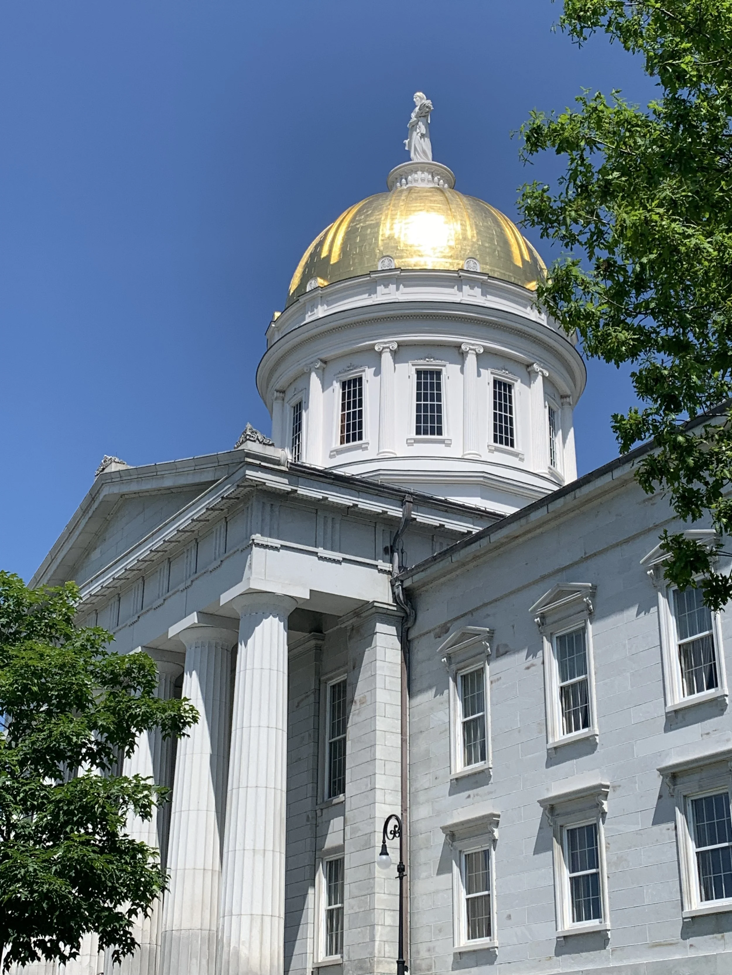 A government building with a white facade, tall columns, and a domed roof with a gold finish, topped by a statue, under a clear blue sky and surrounded by green trees.