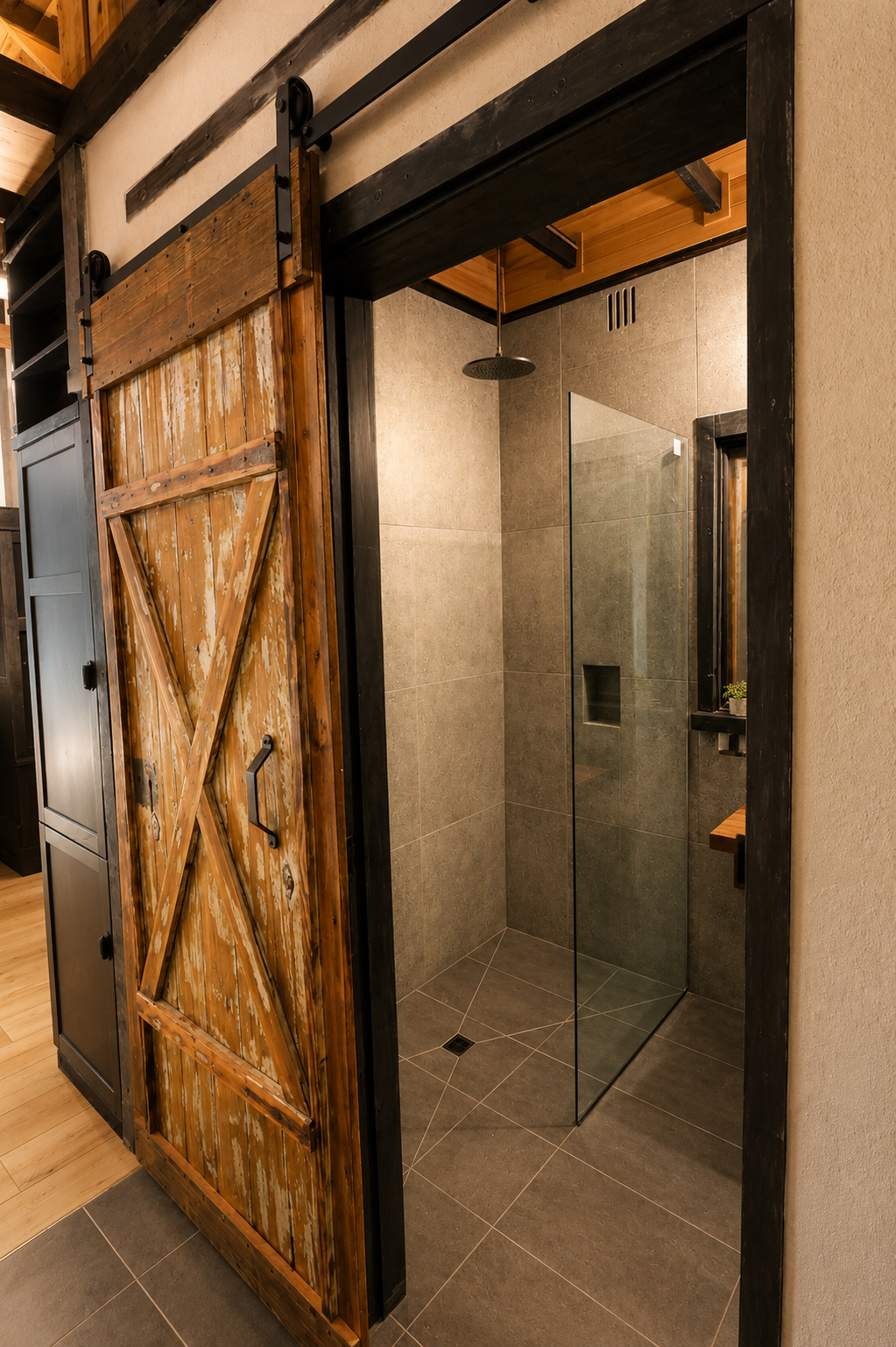Renovated bathroom with custom barn door, vaulted timber ceiling and contemporary finishes built by Yellowtail Projects