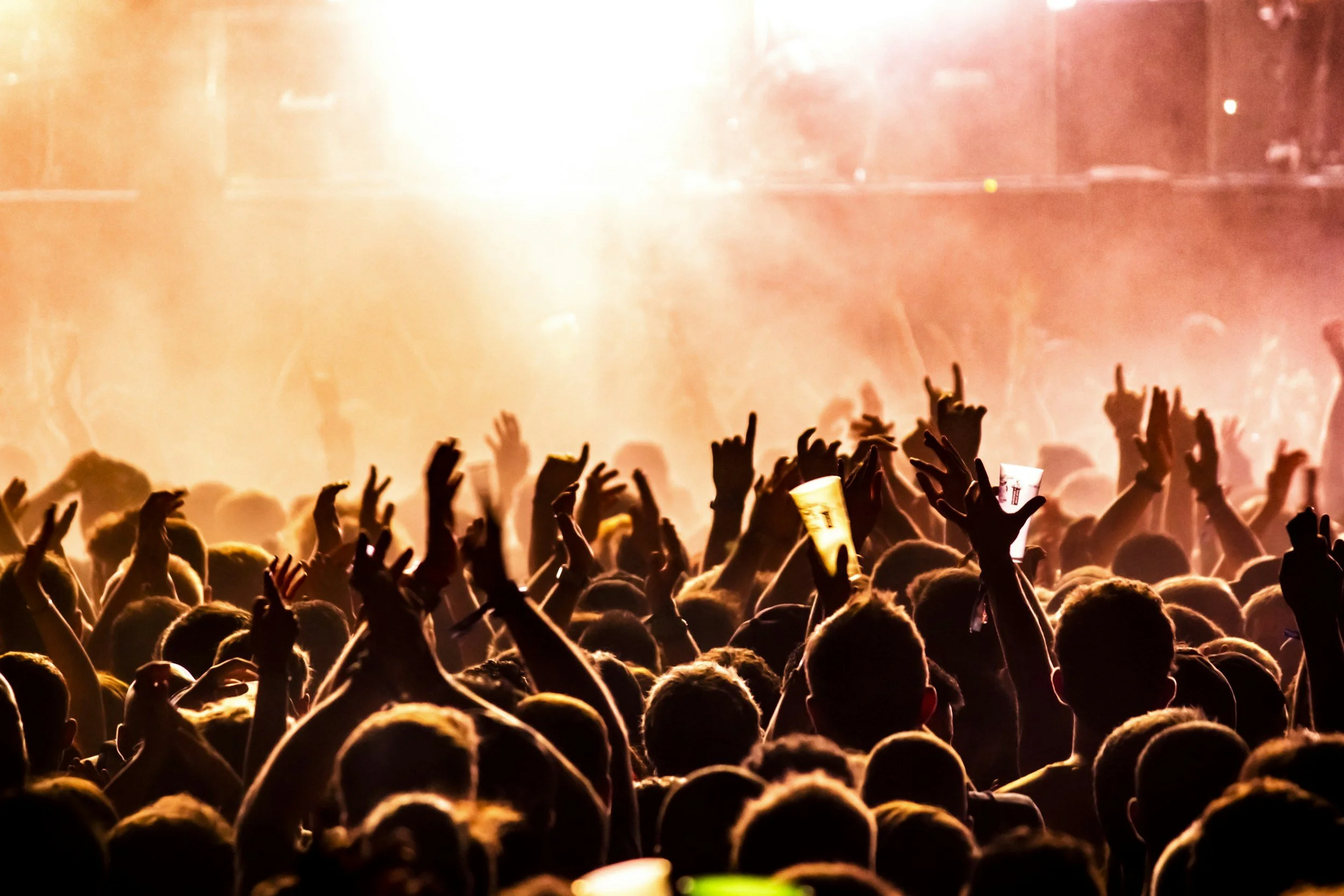 Crowd at a concert with hands in the air, colorful lighting, and a bright stage in the background.