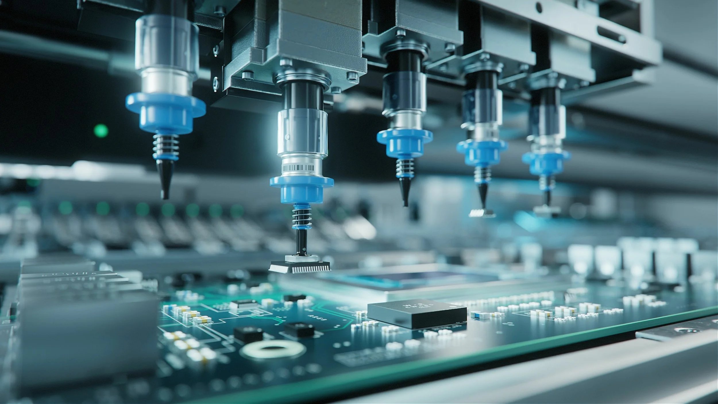 Automatisierte Mikrochips oder elektronische Leiterplatten in einem technischen Fertigungsprozess.
