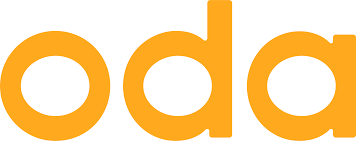oda - eCommerce - Ein Ausschnitt eines Logos mit orangefarbenen Buchstaben auf weißem Hintergrund.
