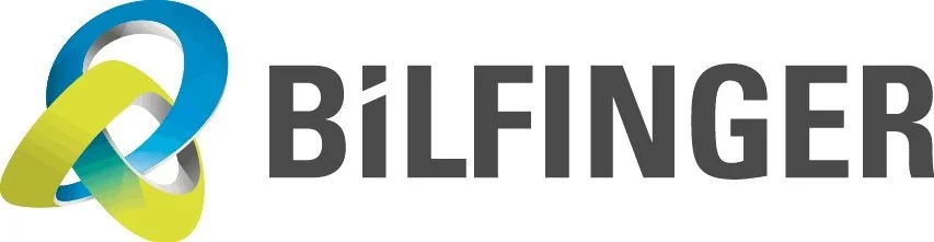 Logo mit ineinandergreifenden blauen, grünen und grauen Knoten und dem Text 'BILFINGER'.