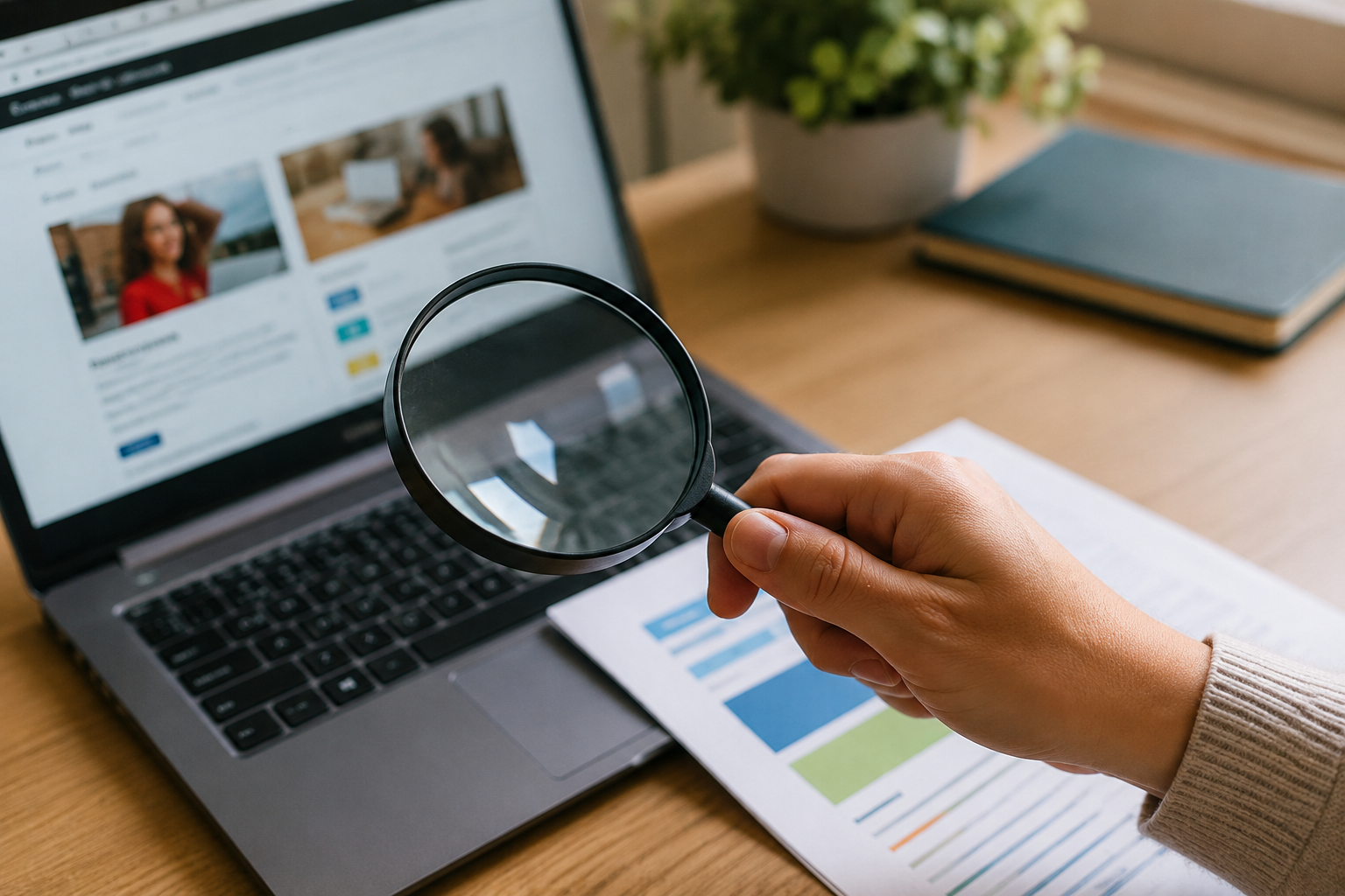 A person holding a magnifier glass over a computer and document
