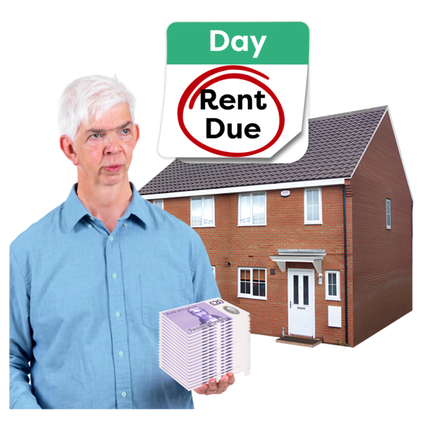 An older man holds a stack of money next to a brick house. Above the house is a calendar page marked with 'Rent Due,' indicating a financial transaction or payment related to housing.