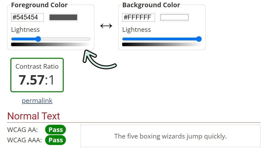 Where to find the slider in the colour contrast checker, underneath the 'lightness' text
