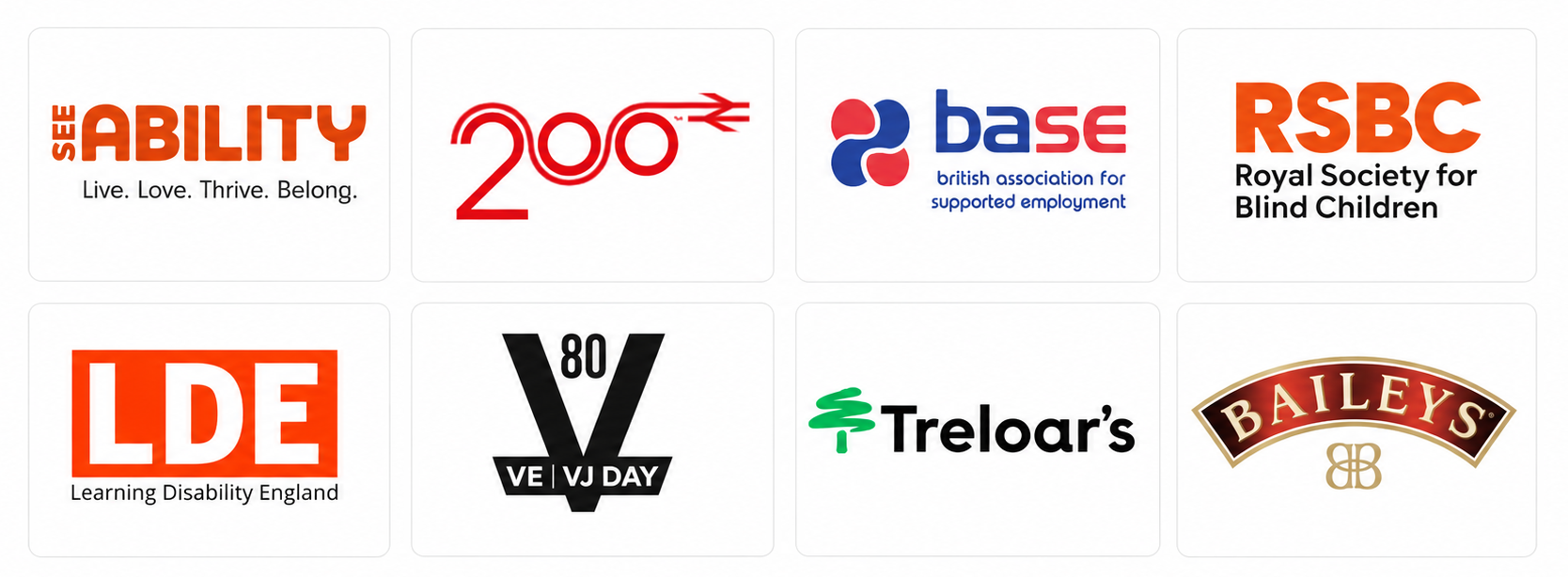Logos for SeeAbility, Railway200, BASE, RSBC, LDE, VE VJ Day, Treloari's Baileys