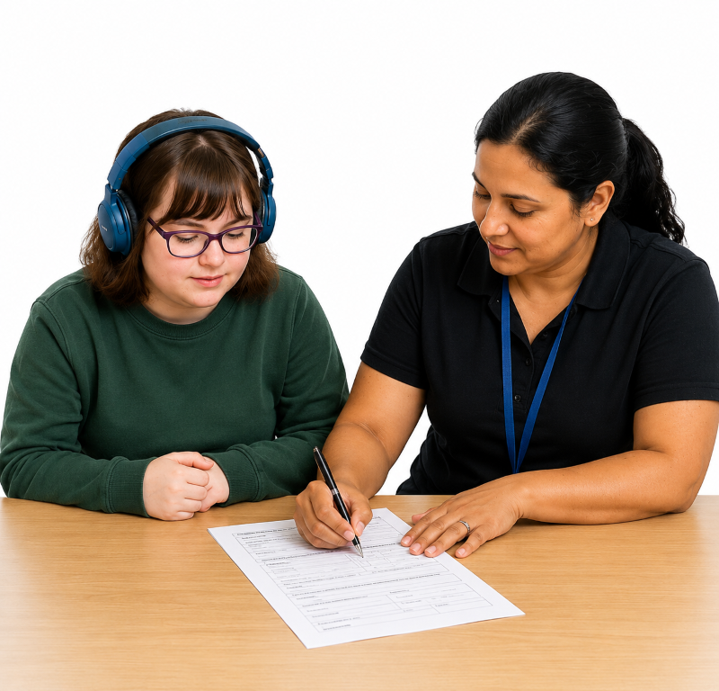 A person wearing headphones being helped to fill in a form by a supporter