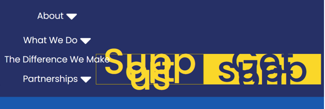 A website navigation with two broken links, where the text has been made bigger but has overlapped and become unreadable