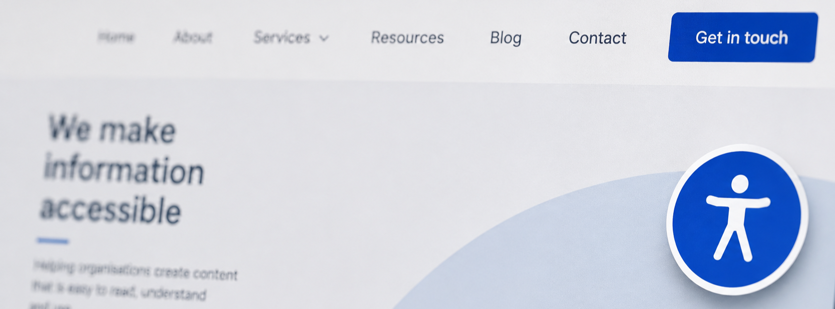 A website with an accessibility plugin button, a stick man on a blue background