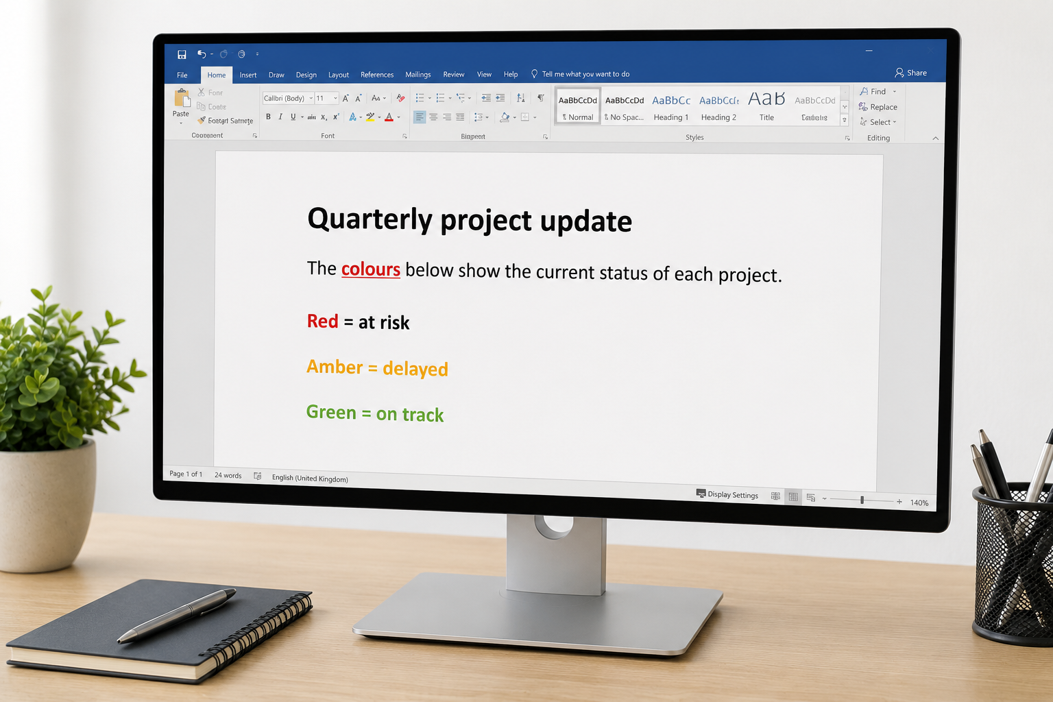 A computer showing red 'at risk', amber 'delayed' and green 'on track' text