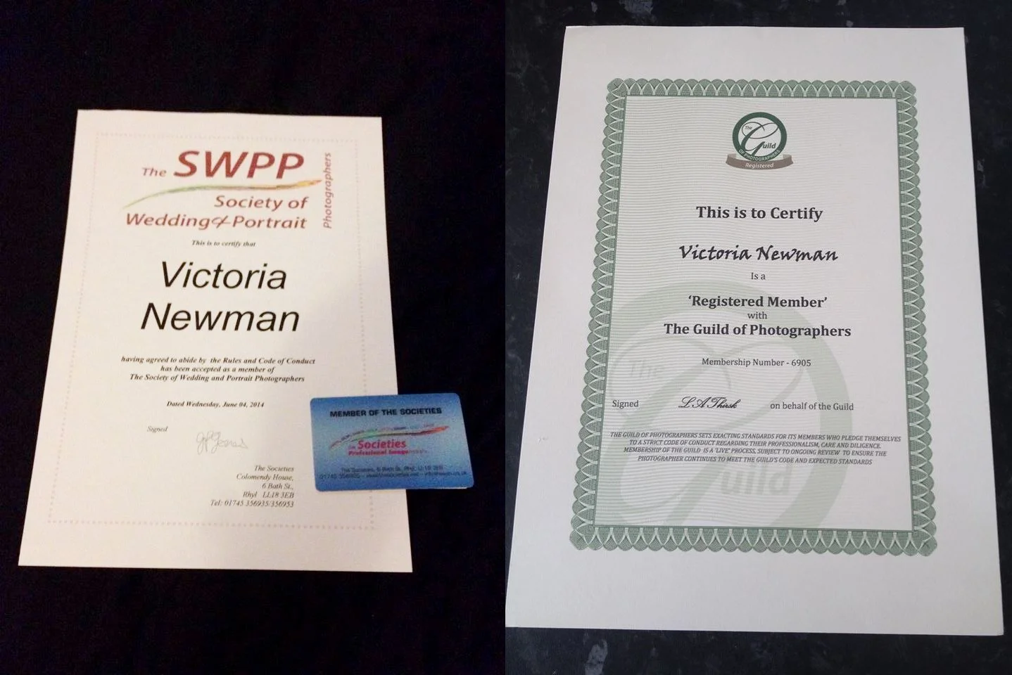 Certificates of membership for Victoria Newman in the Society of Wedding & Portrait Photographers and The Guild of Photographers, with a member badge.